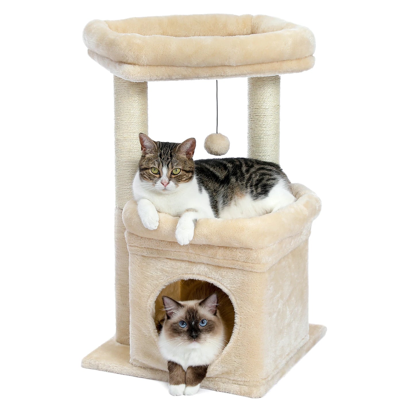 Tour d'arbre à chats, poteaux à gratter en sisal naturel et pompon en peluche