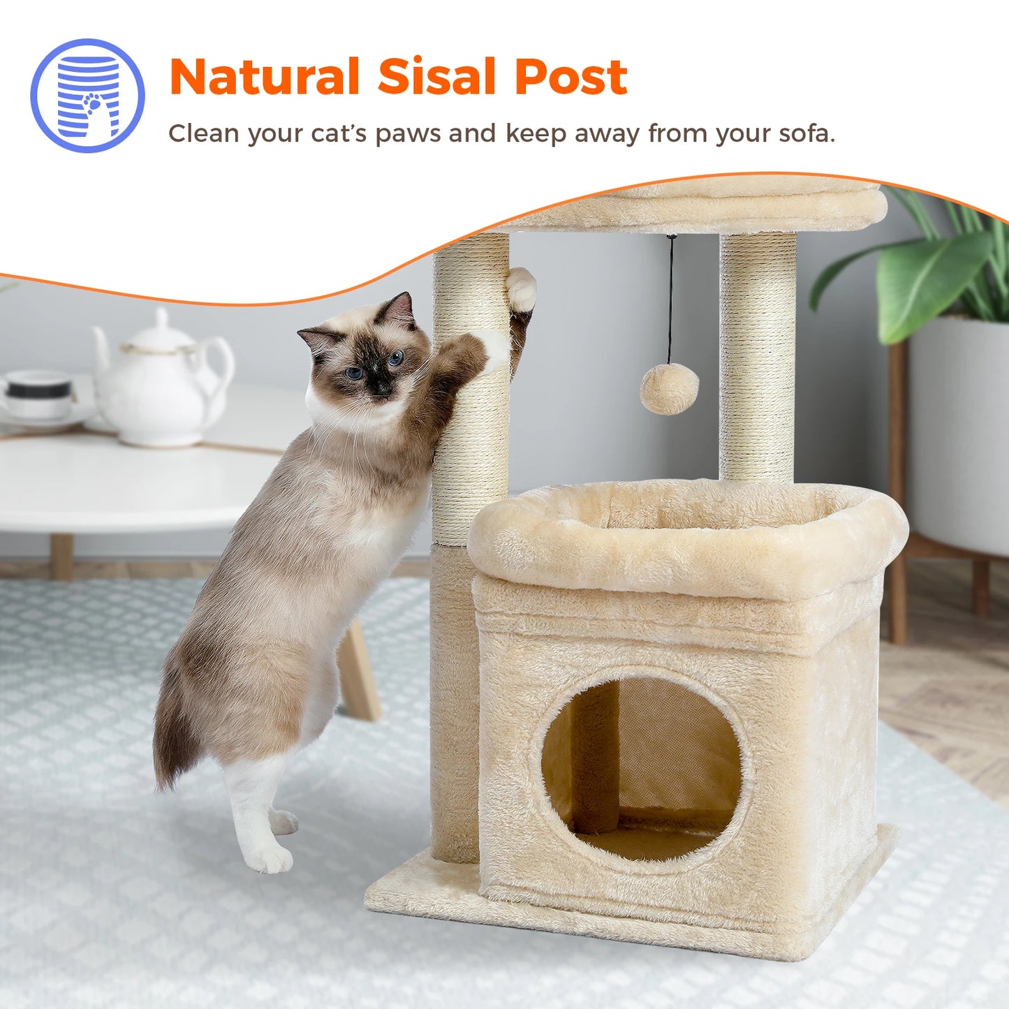 Tour d'arbre à chats, poteaux à gratter en sisal naturel et pompon en peluche