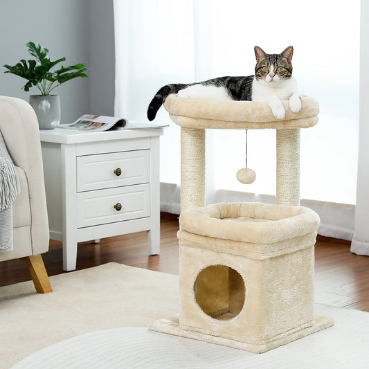 Tour d'arbre à chats, poteaux à gratter en sisal naturel et pompon en peluche